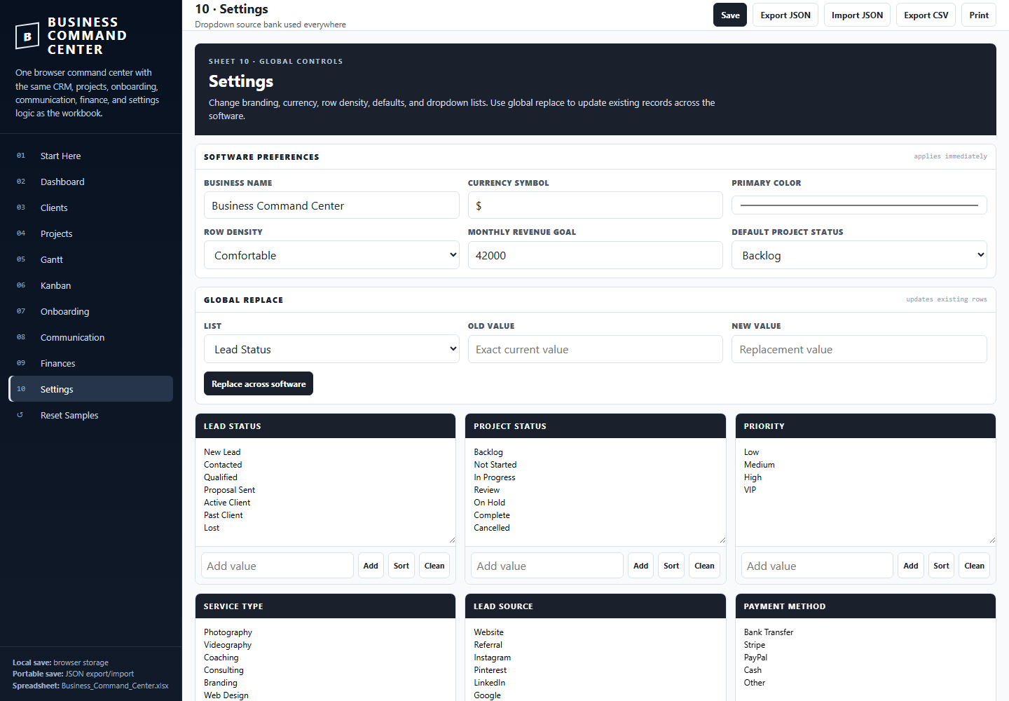 Business Command Center settings and workflow controls